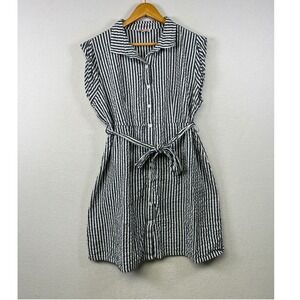 Falling Flower Striped Seersucker Button Front Shirt Dress Belted Size L